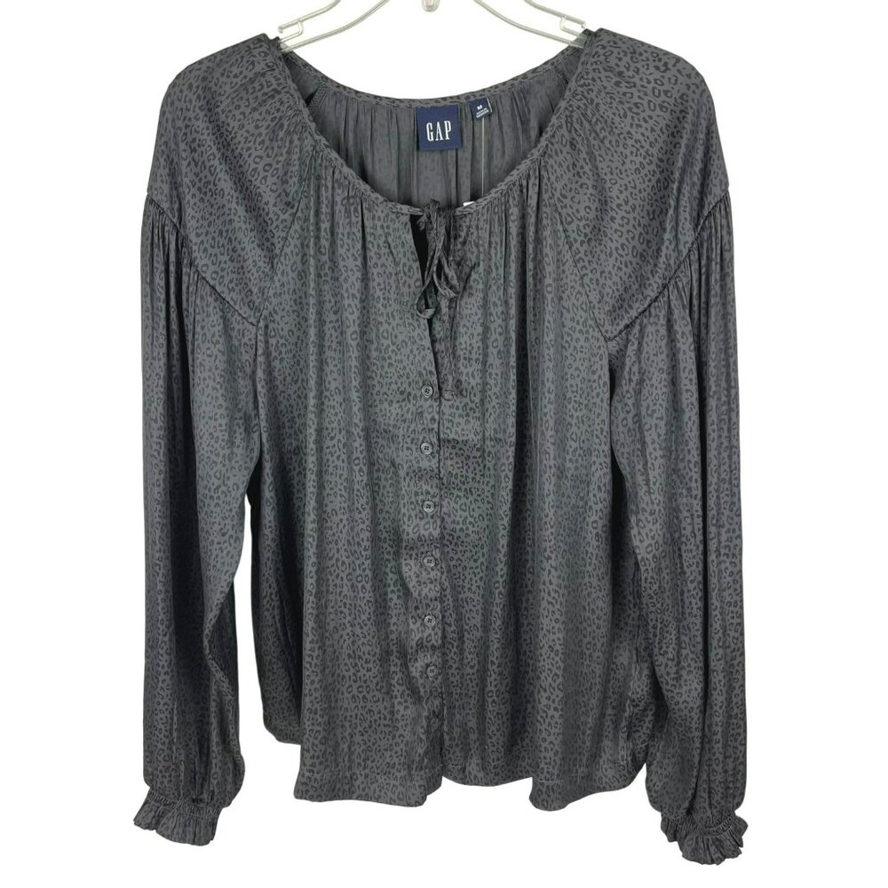 Gap Gray Leopard-Print Blouse Tie-Neck Scoop-Neck Sz. M NWT